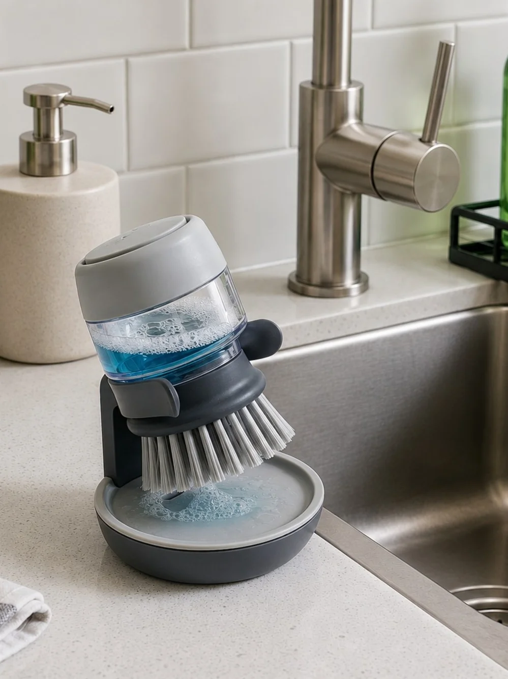 Gray Dish Scrub Brush with Detergent Dispenser - Brand: